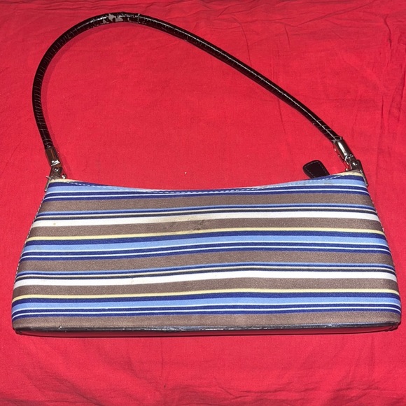Vintage Kate Spade New York Handbag, Blue Brown Striped, Top Handle Purse - Picture 3 of 6